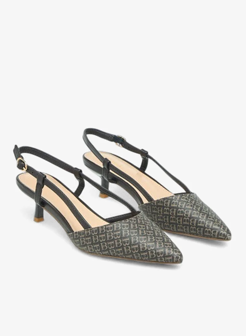 Flora Bella By Shoexpress Women Monogram Print Pointed Toe Shoes with Kitten Heels and Buckle Closure