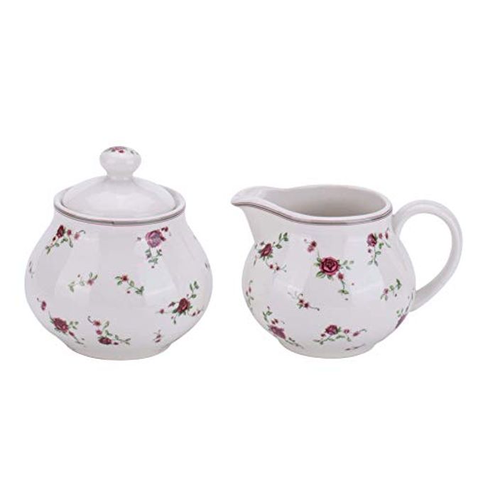 Lonovel Cream & Sugar Sets with Lids Porcelain Vintage Floral Sugar Bowl and Creamer Set In Beige Ceramic Sugar and Creamer Sets for Home and Kitchen Dining Serving,Rose - Image 1