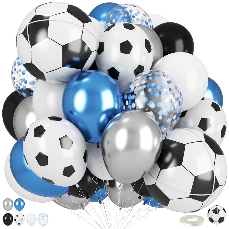 Togvu Soccer Balloons, Metallic Blue Silver Balloons with 18 Inch Soccer Ball Foil Print Balloon for Sport Theme Party Decorations, Chrome Silver Blue Confetti Balloon for Boys Men Birthday - Image 1