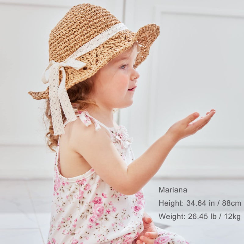 pureborn Baby Girls Straw Sun Hat - Wide Brim Sun Protection Beach Sun Hat with Chin Strap for Infant Girls 12-24 Months Brown - Image 3