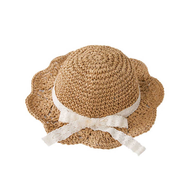 pureborn Baby Girls Straw Sun Hat - Wide Brim Sun Protection Beach Sun Hat with Chin Strap for Infant Girls 12-24 Months Brown - Image 1