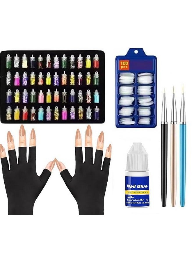 SKINPLUS SKINPLUS Nail Art Kit - 48 Pcs Glass Bottles Glitter Stones,3 pcs Nail Art Liner Brushes, UV Nail Gloves (Black),100 Nails with Glue.  - Image 1