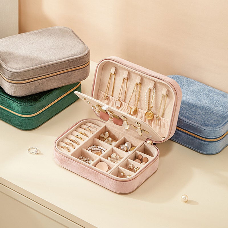 Portable Jewelry Organizer in Velvet for Rings Earrings and Necklaces Lockable 16.5 x 11.5 x 5.7 cm yx sp01253 Grey - Image 2
