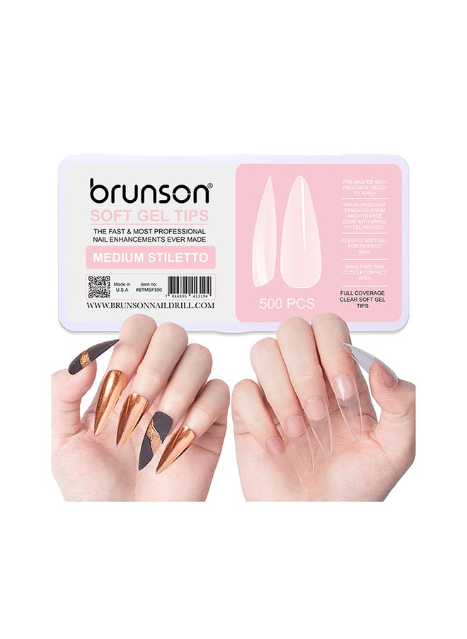 brunson False Nail Tips Soft Gel Clear Medium Stiletto BTMSF500  - Image 1