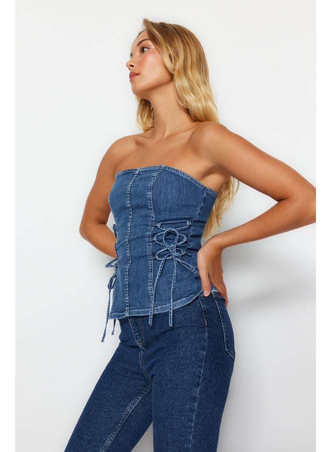 trendyol Blue Lace Detailed Denim Bustier TWOAW24BS00006  - Image 2
