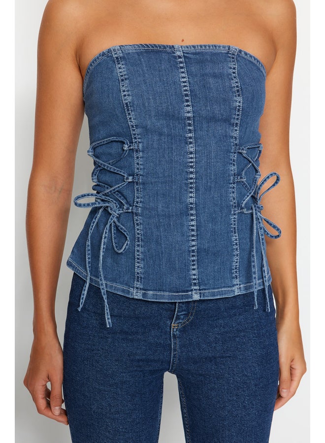trendyol Blue Lace Detailed Denim Bustier TWOAW24BS00006  - Image 3