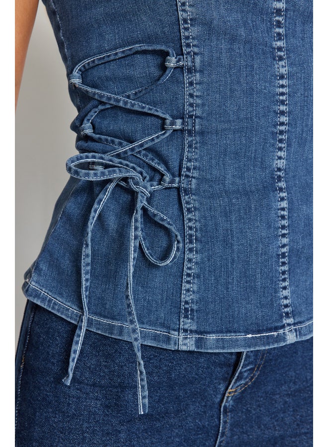 trendyol Blue Lace Detailed Denim Bustier TWOAW24BS00006  - Image 4
