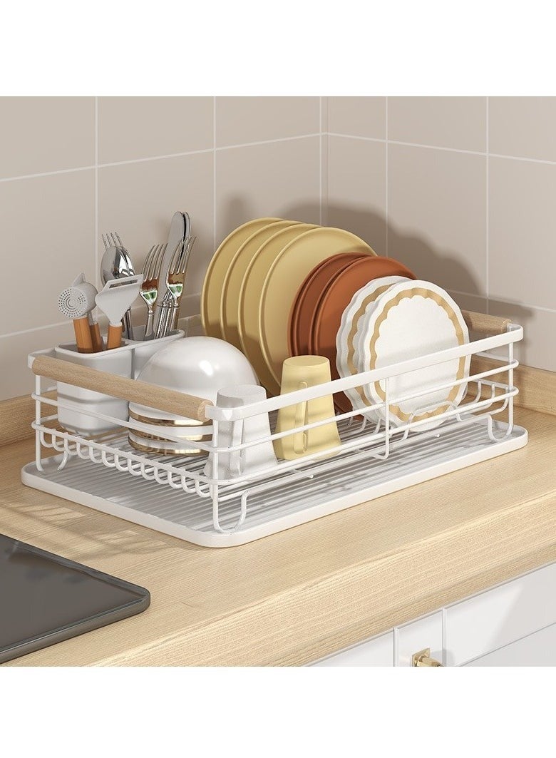 Arabest Dish Organizer, Dish Rack with Beechwood Handles, Metal Drying Rack for Kitchen Countertop, Modern Retro Design, White  - Image 1