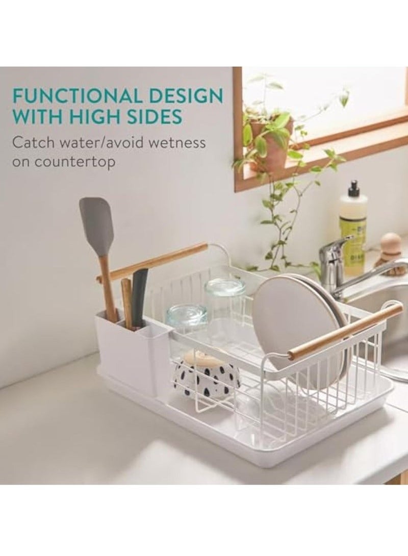 Arabest Dish Organizer, Dish Rack with Beechwood Handles, Metal Drying Rack for Kitchen Countertop, Modern Retro Design, White  - Image 4