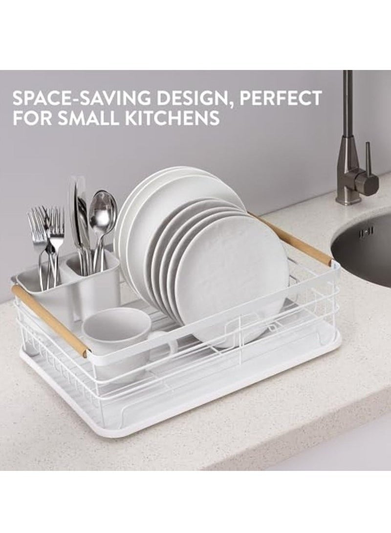 Arabest Dish Organizer, Dish Rack with Beechwood Handles, Metal Drying Rack for Kitchen Countertop, Modern Retro Design, White  - Image 3