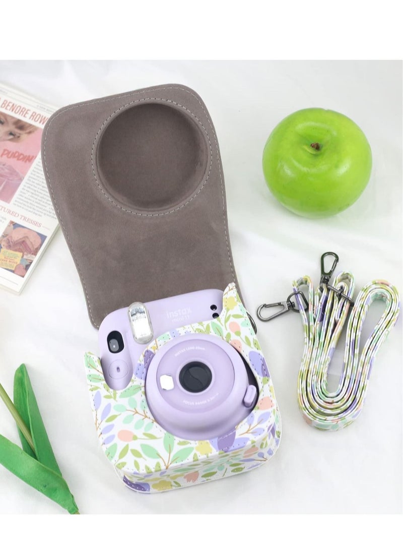 كابتن تيك Camera Bag Compatible with Fujifilm Instax Mini 11 Instant Camera Protective Bag Vintage Floral Pu Leather Camera Organizer with Shoulder Strap Purple Floral Camera Bag - Image 5