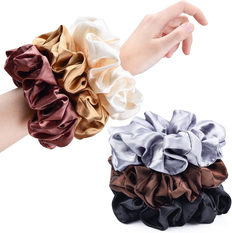 CEELGON Brown Black Big Satin Scrunchies for Women 6.3Inches Large Scrunchie Coffee Satin Oversized Thick Elastic Hair Ties Jumbo Hair Scrunchies 6 Pack (black,coffee, champagne,brown,grey,dark brown) - Image 1