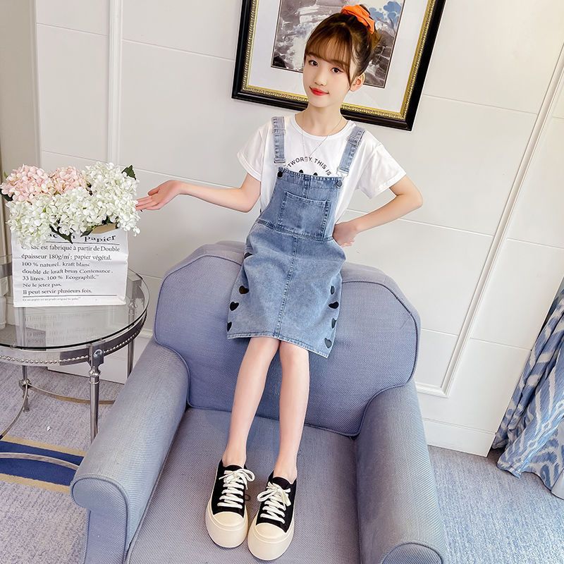 Girls Summer Love Suspender Skirt Korean Style Fashionable Internet Celebrity Girls Suspender Denim Skirt For Big Children Trendy - Image 1