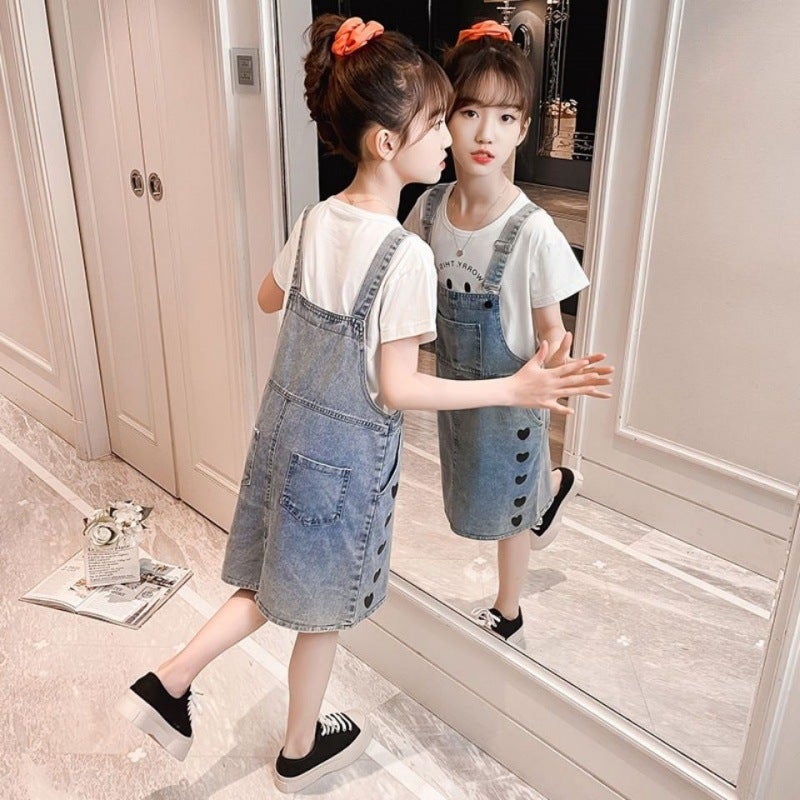 Girls Summer Love Suspender Skirt Korean Style Fashionable Internet Celebrity Girls Suspender Denim Skirt For Big Children Trendy - Image 5