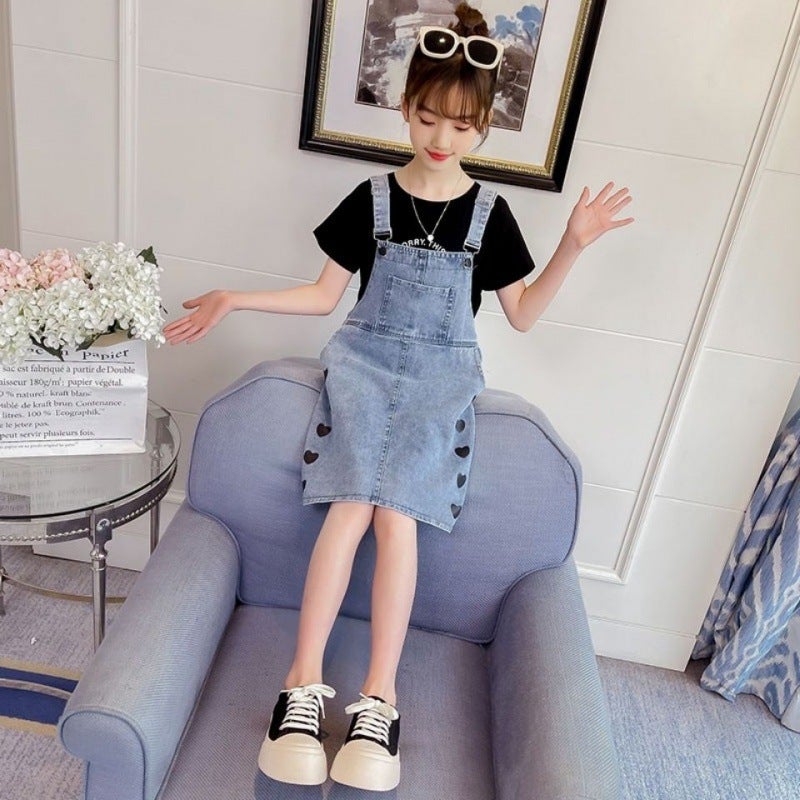 Girls Summer Love Suspender Skirt Korean Style Fashionable Internet Celebrity Girls Suspender Denim Skirt For Big Children Trendy - Image 2