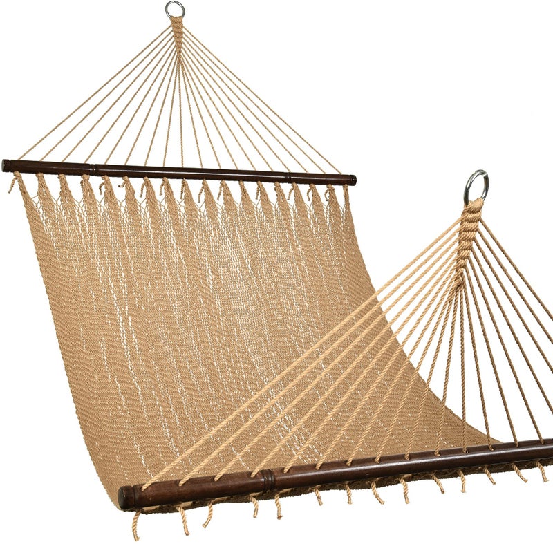 Lazy Daze Hammocks 10.5 FT Double 2 Person Caribbean Rope Hammock, Hand Woven Polyester Hammock with Spreader Bars, for Outside Outdoor Backyard Patio Poolside, 450 LBS Capacity, Tan - Image 1
