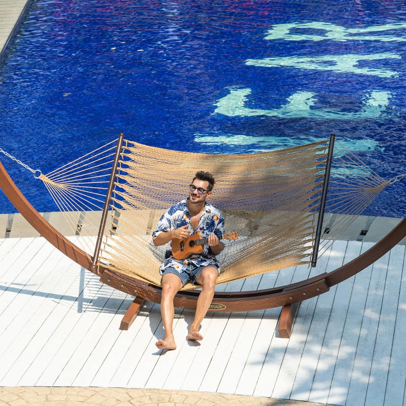 Lazy Daze Hammocks 10.5 FT Double 2 Person Caribbean Rope Hammock, Hand Woven Polyester Hammock with Spreader Bars, for Outside Outdoor Backyard Patio Poolside, 450 LBS Capacity, Tan - Image 2