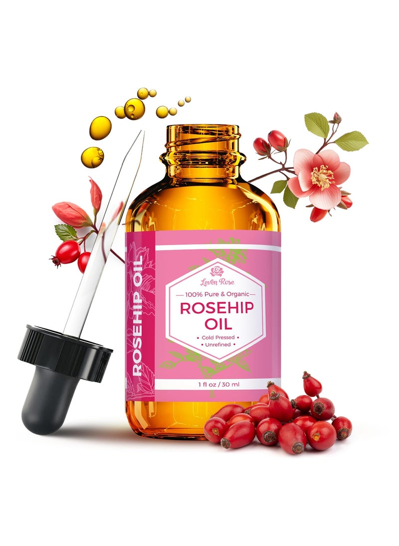 Leven Rose Leven Rose Rosehip Seed Oil for Face 1 oz  Pure Rosehip Oil for Face  Unrefined Cold Pressed Rosehip Oil for Body  Nighttime Face Moisturizer for Hair Skin  Nails 