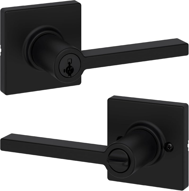 Kwikset مقبض باب دخول كويكست كيسي مع قفل ومفتاح آمن قابل للعكس خارجي للمدخل الأمامي وغرف النوم باللون الأسود غير اللامع مقاوم للاختيار مفتاح ذكي للأمان وإعادة التهيئة وميكروبان - Image 1
