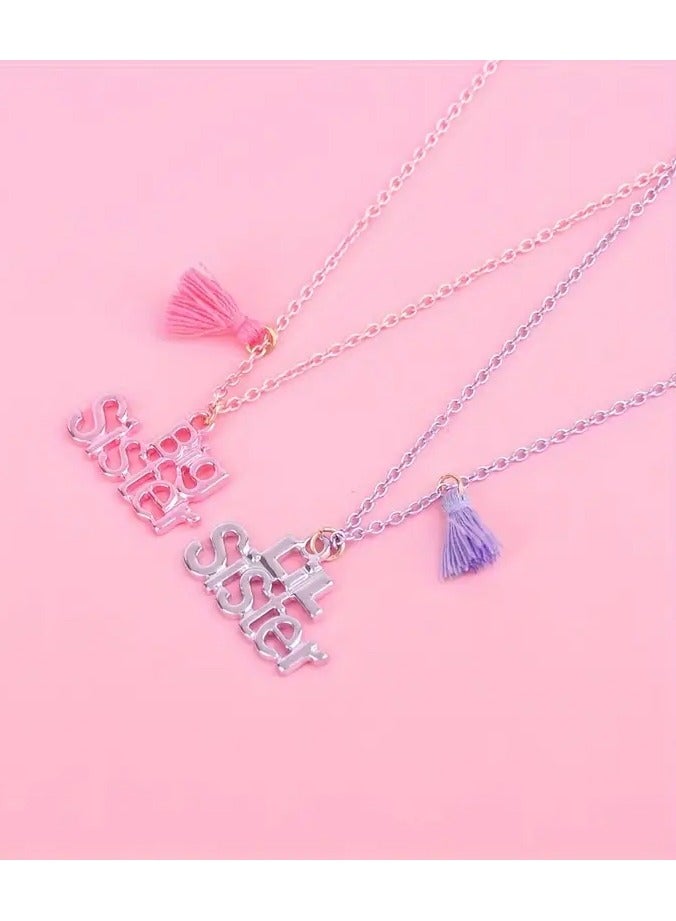 Goolsky 2pcs Set "Big Sister & Little Sister" Tassel Necklaces - Cute Friendship Jewelry Gift for Girls, Pink & Purple Zinc Alloy Pendants with Iron Chain, Perfect BFF Accessory, Necklace for Girls - Image 2