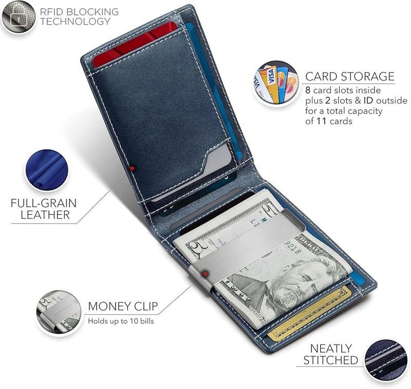 CONTACTS محفظة نقود مصنوعة من الجلد الأصلي مع مشبك نحاسي نحيف لحفظ البطاقات بتقنية حجب RFID | تصل إلى 11 فتحة بطاقات بما في ذلك 1 نافذة هوية و 1 قسم للنقود (أزرق) - Image 5