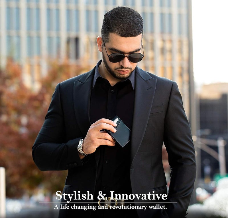 CONTACTS محفظة نقود مصنوعة من الجلد الأصلي مع مشبك نحاسي نحيف لحفظ البطاقات بتقنية حجب RFID | تصل إلى 11 فتحة بطاقات بما في ذلك 1 نافذة هوية و 1 قسم للنقود (أزرق) - Image 3