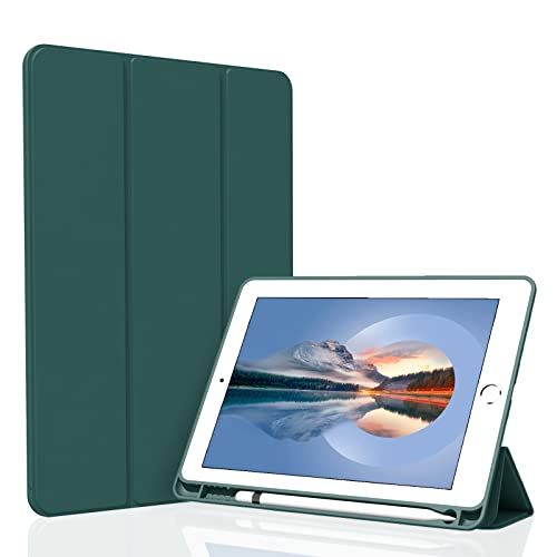 Divufus Case for iPad 9.7 inch 6th/5th Generation, Trifold Stand Smart Auto Sleep/Wake Cover, Lightweight Soft TPU Case with Pencil Holder for iPad 9.7" 2018/2017, Dark Green - Image 1