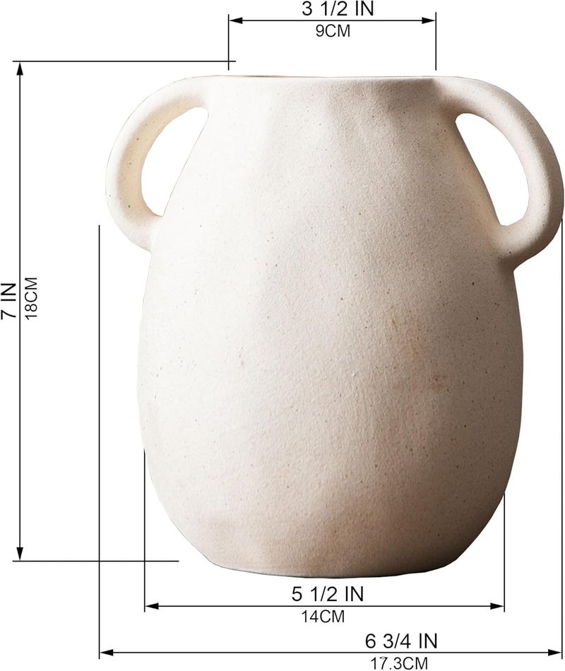 Tanvecle Off-White Ceramic Vase with 2 Handles, Sandstone Texture for Modern Farmhouse Decor, Rustic Pottery, Decorative Flower Vase, Clay Small Vase, Centerpiece for Dining Table - 7 Inch Tall - Image 2