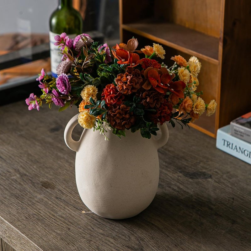 Tanvecle Off-White Ceramic Vase with 2 Handles, Sandstone Texture for Modern Farmhouse Decor, Rustic Pottery, Decorative Flower Vase, Clay Small Vase, Centerpiece for Dining Table - 7 Inch Tall - Image 4