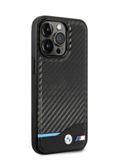 BMW iPhone 14 Pro Max Case MagSafe Compatibility PU Carbon Back Cover with Bottom Horizontal Blue Line / Accurate Cutouts / Easy Snap-On - Black  - Image 2