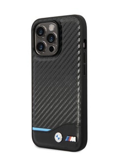 BMW iPhone 14 Pro Max Case MagSafe Compatibility PU Carbon Back Cover with Bottom Horizontal Blue Line / Accurate Cutouts / Easy Snap-On - Black  - Image 3