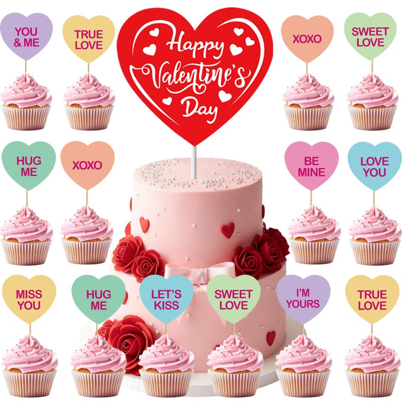 Pedel Valentine Cupcake Toppers & Big Cake Topper, 21Pcs Conversation Heart Cake Topper Colorful Heart Cupcake Picks for Galentines Anniversary Wedding Dessert Decoration - Image 1
