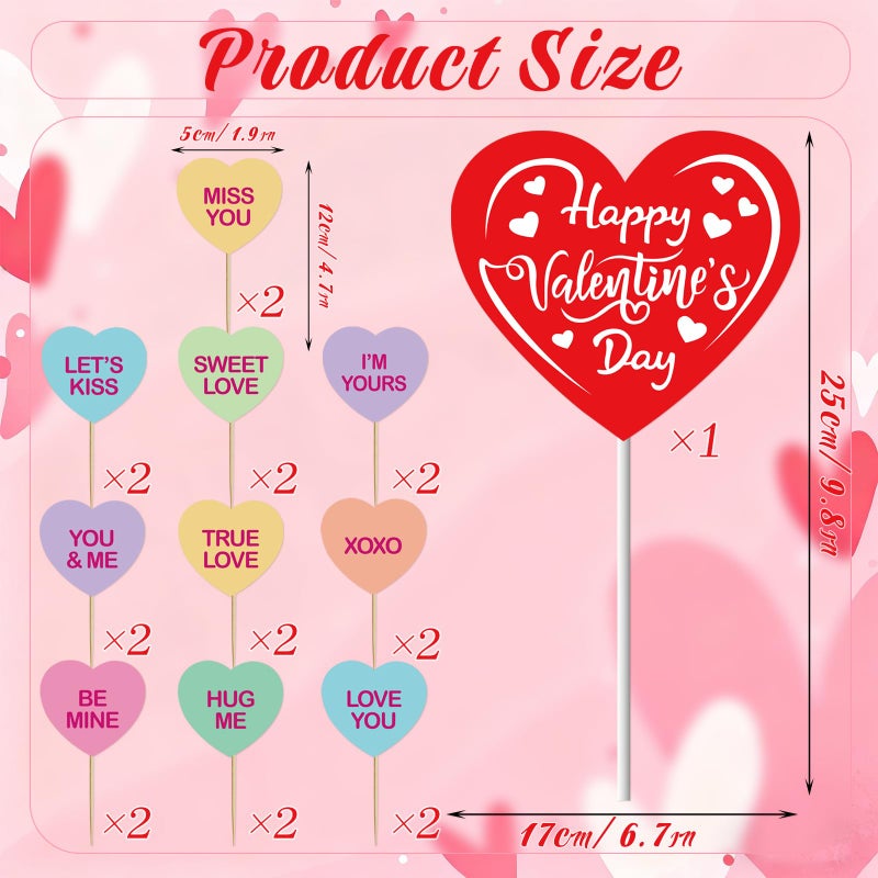 Pedel Valentine Cupcake Toppers & Big Cake Topper, 21Pcs Conversation Heart Cake Topper Colorful Heart Cupcake Picks for Galentines Anniversary Wedding Dessert Decoration - Image 5