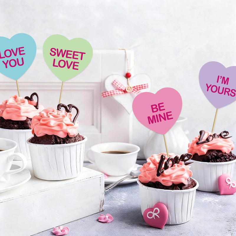 Pedel Valentine Cupcake Toppers & Big Cake Topper, 21Pcs Conversation Heart Cake Topper Colorful Heart Cupcake Picks for Galentines Anniversary Wedding Dessert Decoration - Image 3