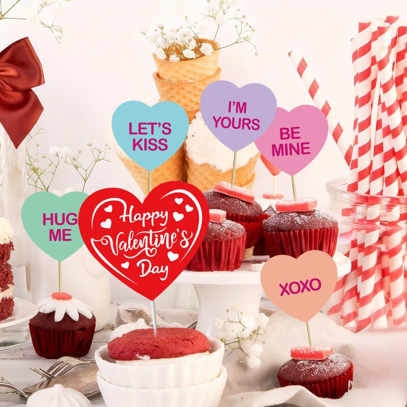 Pedel Valentine Cupcake Toppers & Big Cake Topper, 21Pcs Conversation Heart Cake Topper Colorful Heart Cupcake Picks for Galentines Anniversary Wedding Dessert Decoration - Image 4