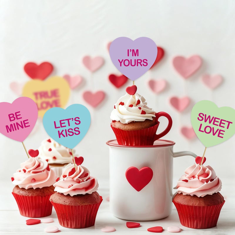 Pedel Valentine Cupcake Toppers & Big Cake Topper, 21Pcs Conversation Heart Cake Topper Colorful Heart Cupcake Picks for Galentines Anniversary Wedding Dessert Decoration - Image 2