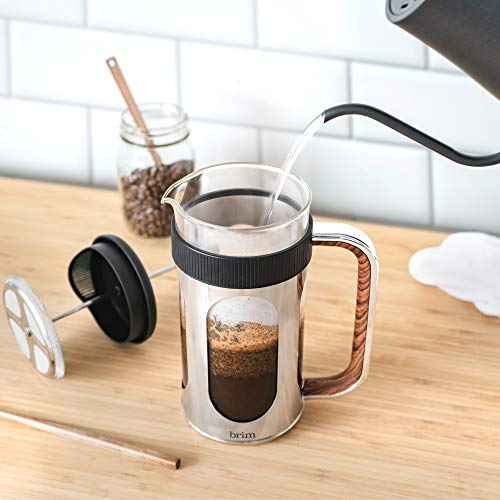 brim 8 Cup French Press, Quickly Brew Coffee in Under 5 Minutes, Classic Design with Modern Twist, Dishwasher Safe Carafe for Easy Cleaning, Replacement Filter Included, Stainless Steel/Wood - Image 5