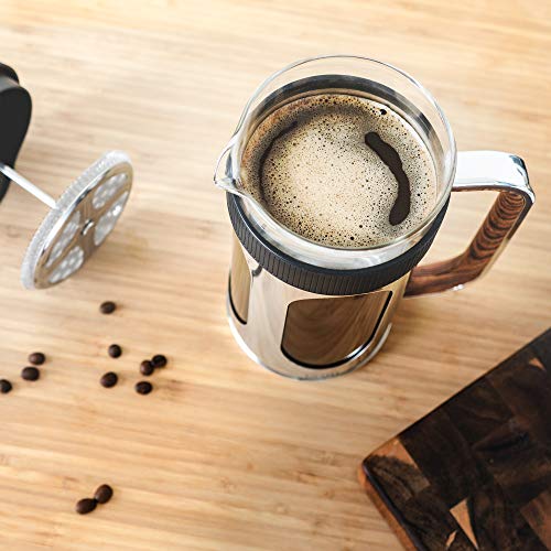 brim 8 Cup French Press, Quickly Brew Coffee in Under 5 Minutes, Classic Design with Modern Twist, Dishwasher Safe Carafe for Easy Cleaning, Replacement Filter Included, Stainless Steel/Wood - Image 4