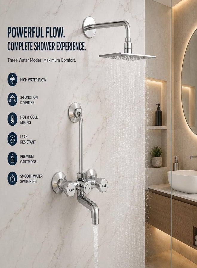 ZAP Continental Series Brass Wall Mixer with 3-Function Diverter | 4 x 4 Inch Overhead Shower Set with 125mm Bend Pipe | Hot & Cold Bathroom Mixer Tap | Premium Chrome Finish - Image 2