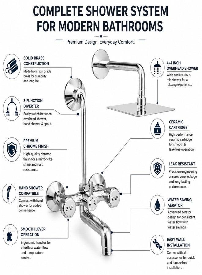 ZAP Continental Series Brass Wall Mixer with 3-Function Diverter | 4 x 4 Inch Overhead Shower Set with 125mm Bend Pipe | Hot & Cold Bathroom Mixer Tap | Premium Chrome Finish - Image 4