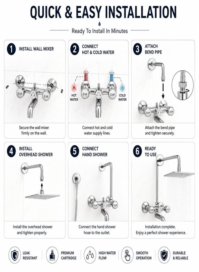 ZAP Continental Series Brass Wall Mixer with 3-Function Diverter | 4 x 4 Inch Overhead Shower Set with 125mm Bend Pipe | Hot & Cold Bathroom Mixer Tap | Premium Chrome Finish - Image 3