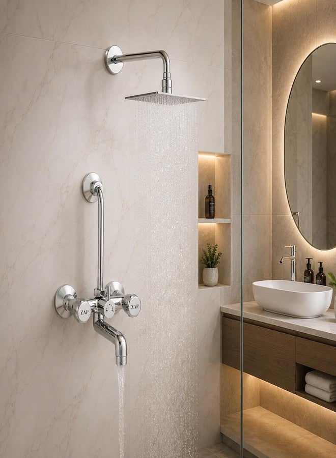 ZAP Continental Series Brass Wall Mixer with 3-Function Diverter | 4 x 4 Inch Overhead Shower Set with 125mm Bend Pipe | Hot & Cold Bathroom Mixer Tap | Premium Chrome Finish - Image 1