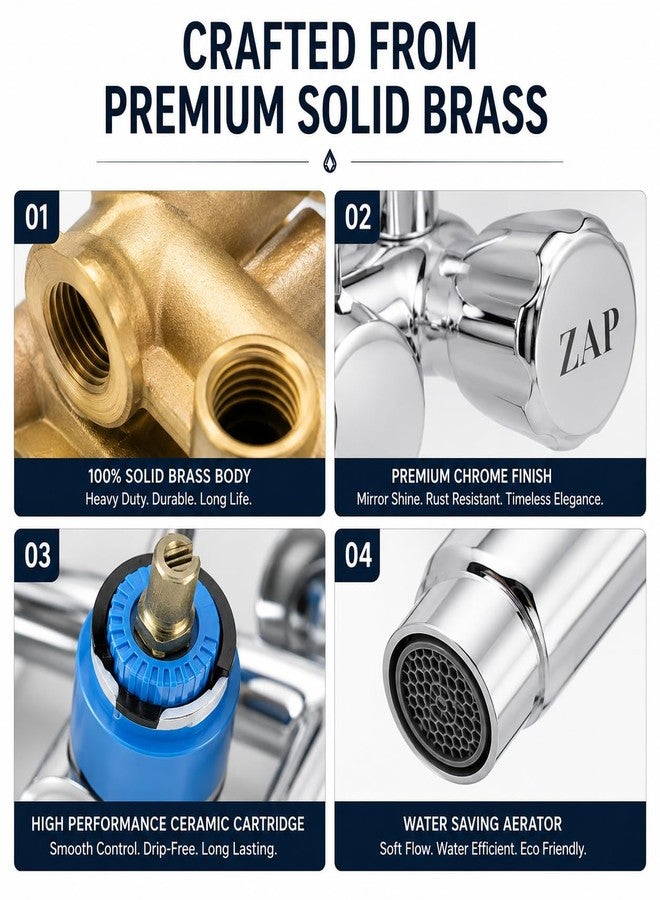 ZAP Continental Series Brass Wall Mixer with 3-Function Diverter | 4 x 4 Inch Overhead Shower Set with 125mm Bend Pipe | Hot & Cold Bathroom Mixer Tap | Premium Chrome Finish - Image 5