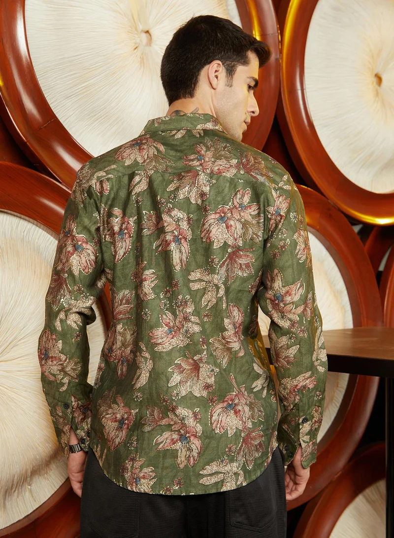 كامبوس سوترا Men's Olive Green Withering-Bloom Shirt