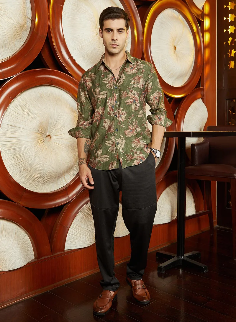 كامبوس سوترا Men's Olive Green Withering-Bloom Shirt