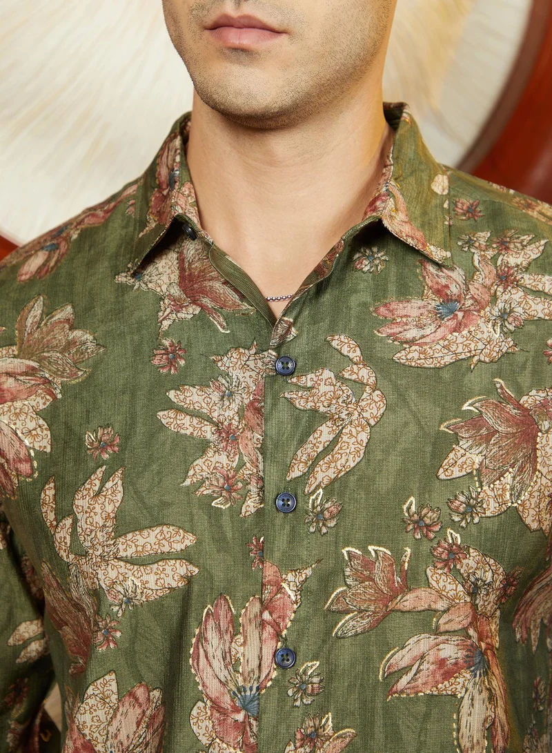 كامبوس سوترا Men's Olive Green Withering-Bloom Shirt