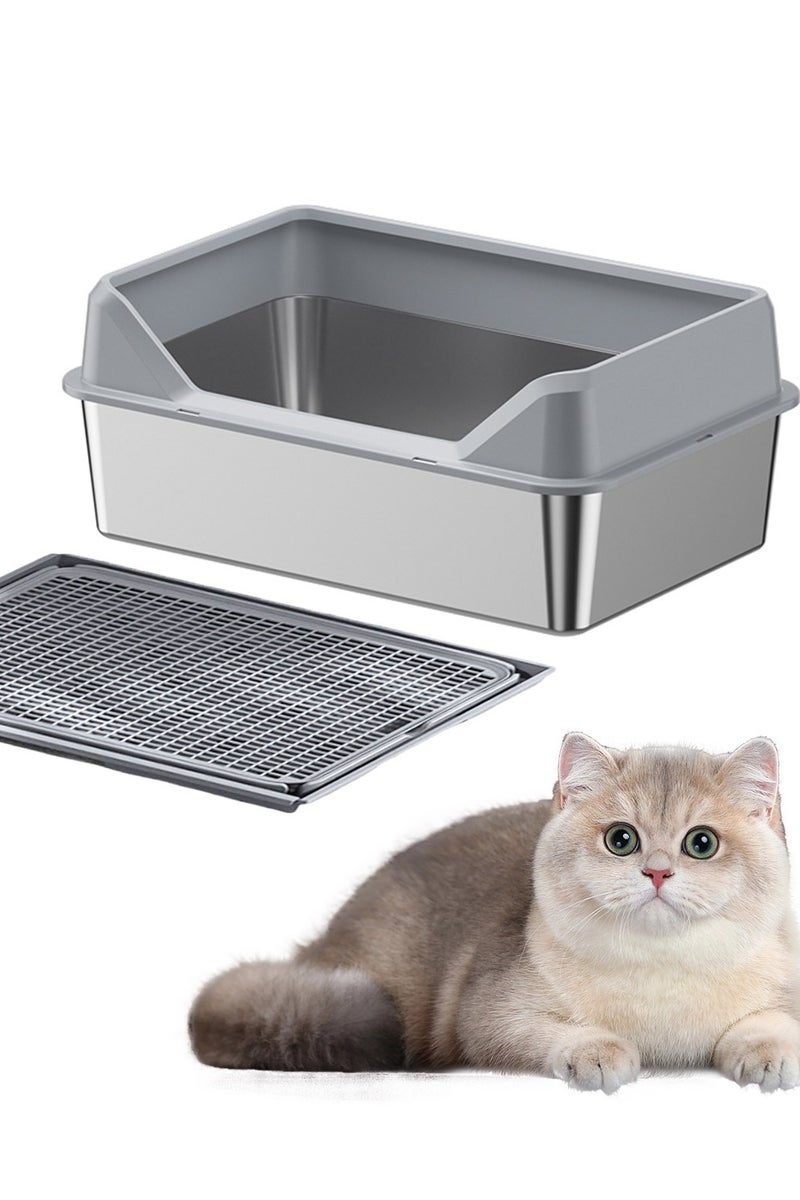 Kidle Stainless Steel Pet Cat Litter Box Metal Large Capacity Cat Litter Box Tray With High Wall Semi-Enclosed Side Door 50*35*15cm  - Image 1