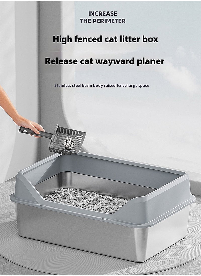 Kidle - Stainless Steel Pet Cat Litter Box Metal Large Capacity Cat Litter Box Tray With High Wall Semi-Enclosed Side Door 50*35*15cm - Image 1