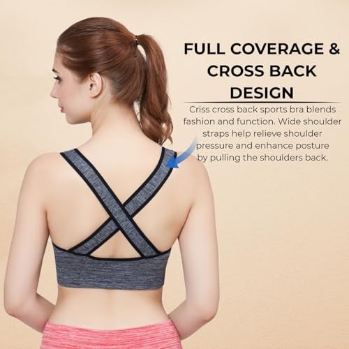 PLUMBURY Polyamide Women's Padded Cross Back Medium Support Sports Bra, Size M, Grey - Image 3