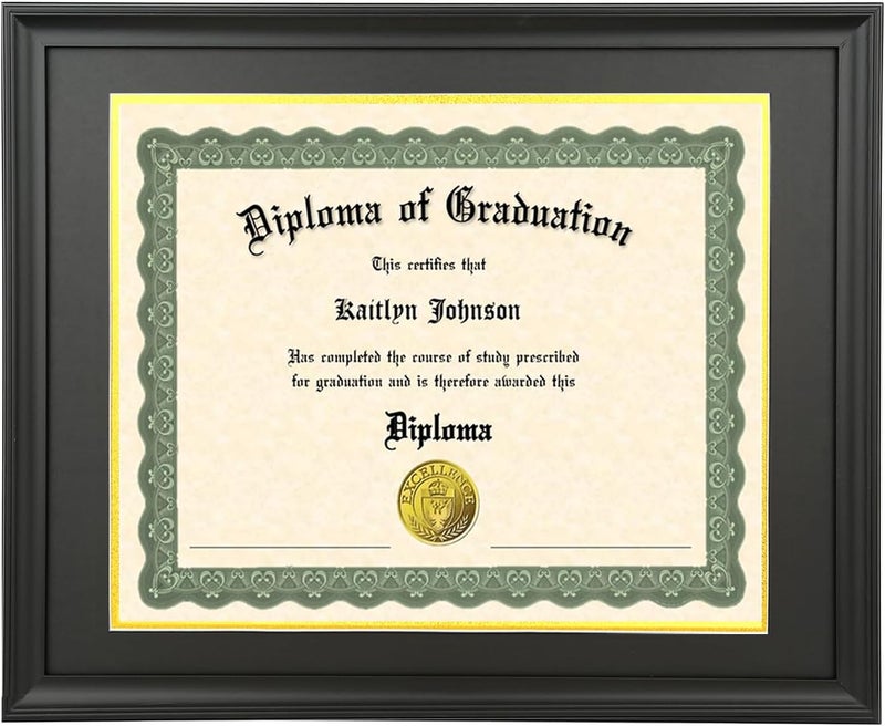 LTYHHK 11x14 Diploma Frame Solid Wood Black, Displays 11x14 Diplomas with Black Over Gold Mat or 16x20 Inch Without Mat, 11x14 Diploma Frame 11x14 inch Certificate Frames (L23B1620BG1114) - Image 1